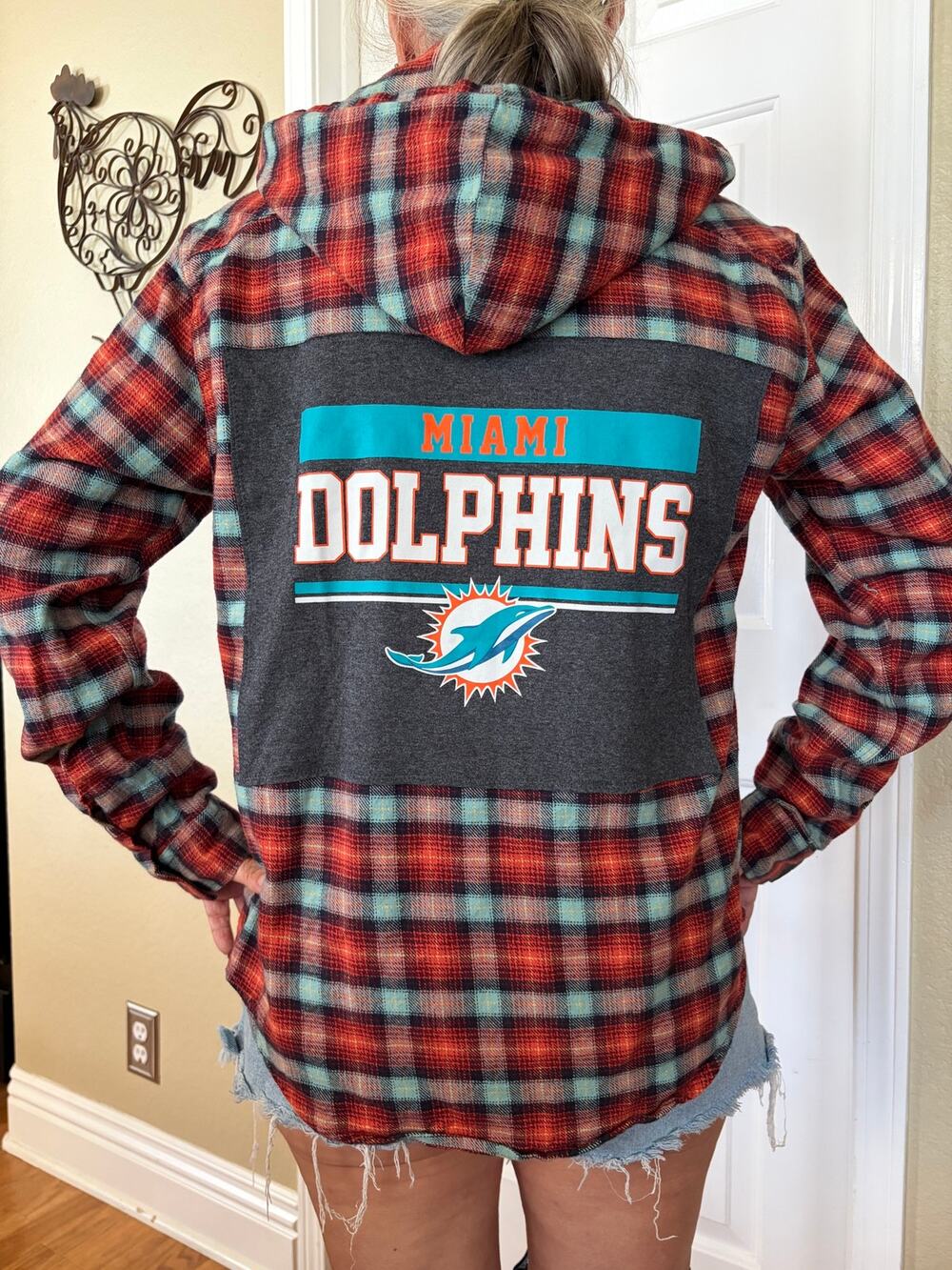 Miami Dolphins NFL Upcycled Flannel Shirt Unisex Size Large L Hood